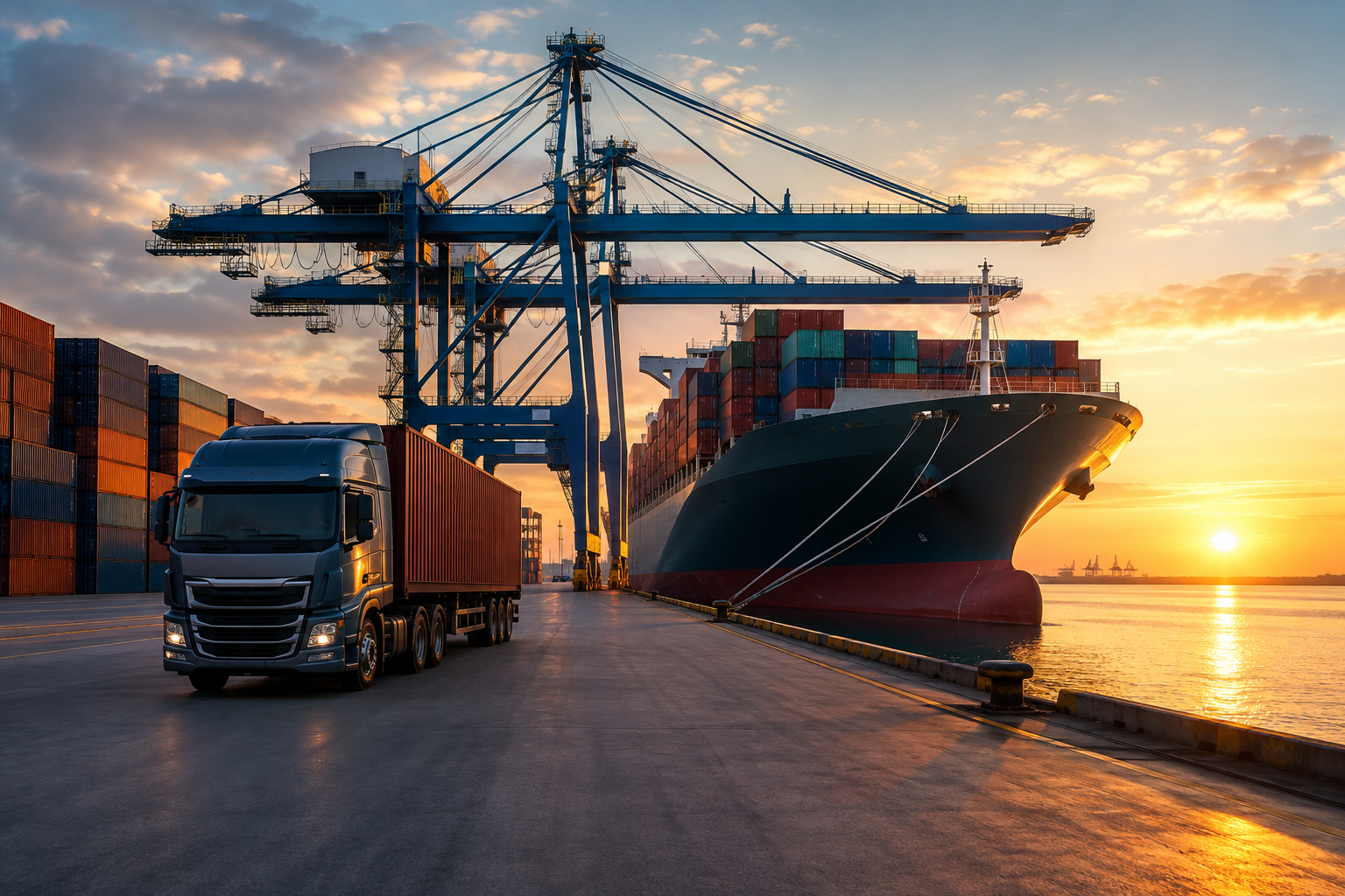 Cargo containers being handled at an international port