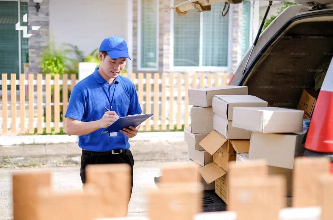 A logistics worker processing boxes at a delivery vehicle